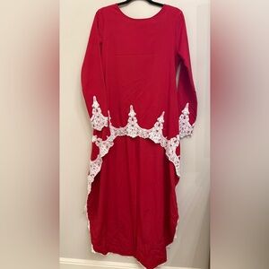 Red Asymmetrical Blouse with Lace Sleeves